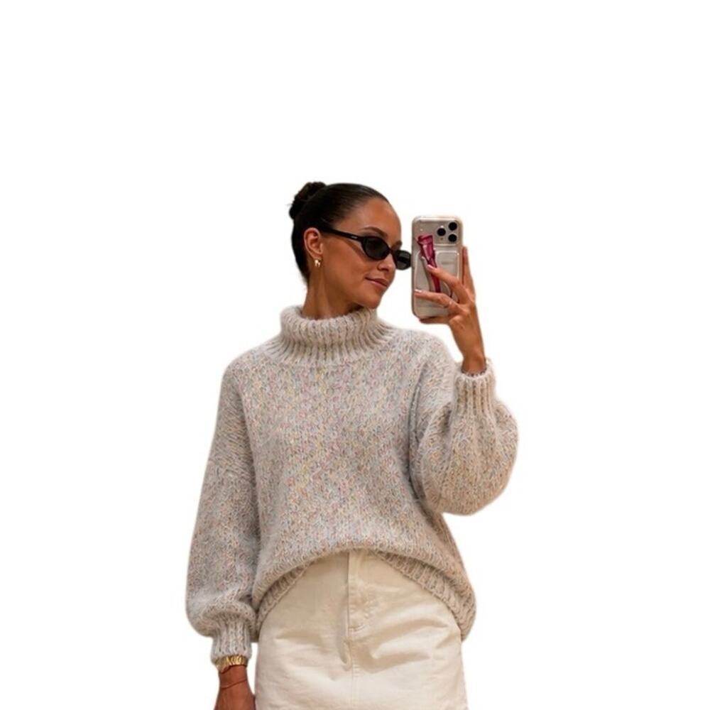 Lulus Women’s Fuzzy Turtleneck Sweater Large Balloon Sleeve Soft Multicolor Knit
